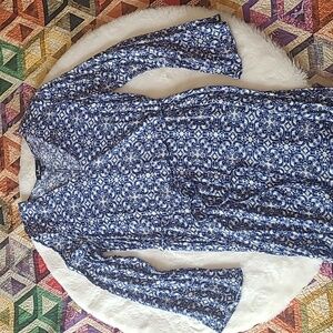 Lulu's Blue & White Mandala Daydream Long Sleeve Boho Hippie Summer Maxi Dress L